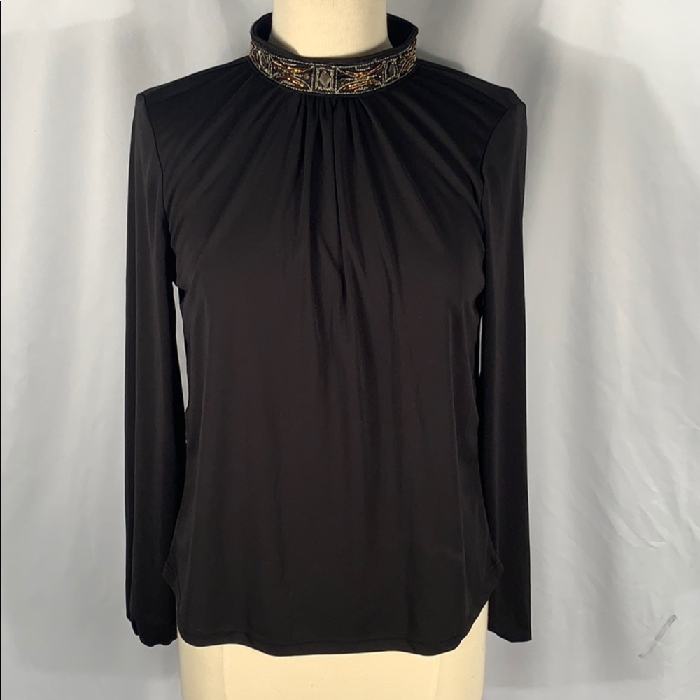 Zara Black Long Sleeve Blouse With Beaded Collar